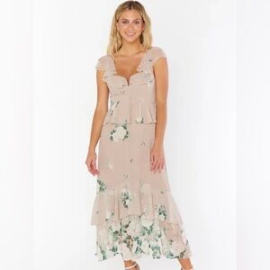 NWT Show Me Your Mumu Neutral Floral Midi Reese Ruffle Dress Size XS